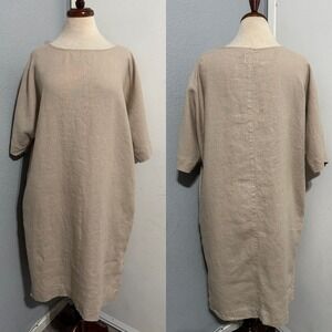 OFFON Clothing Oatmeal Beige Linen Shift Dress Boat Neck Pocketed Tunic Dress